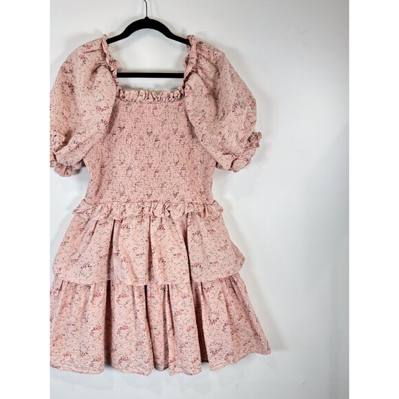 Hyacinth House Womens Dress Beige Mini Floral Smocked Ruffle Puffed A Line Large - Picture 9 of 12